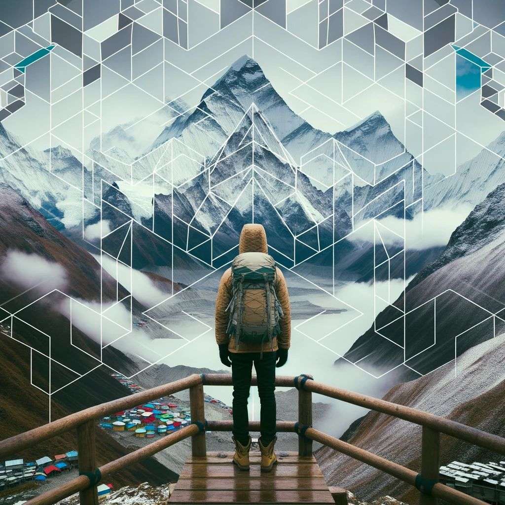 someone gazing at Mount Everest, geometric